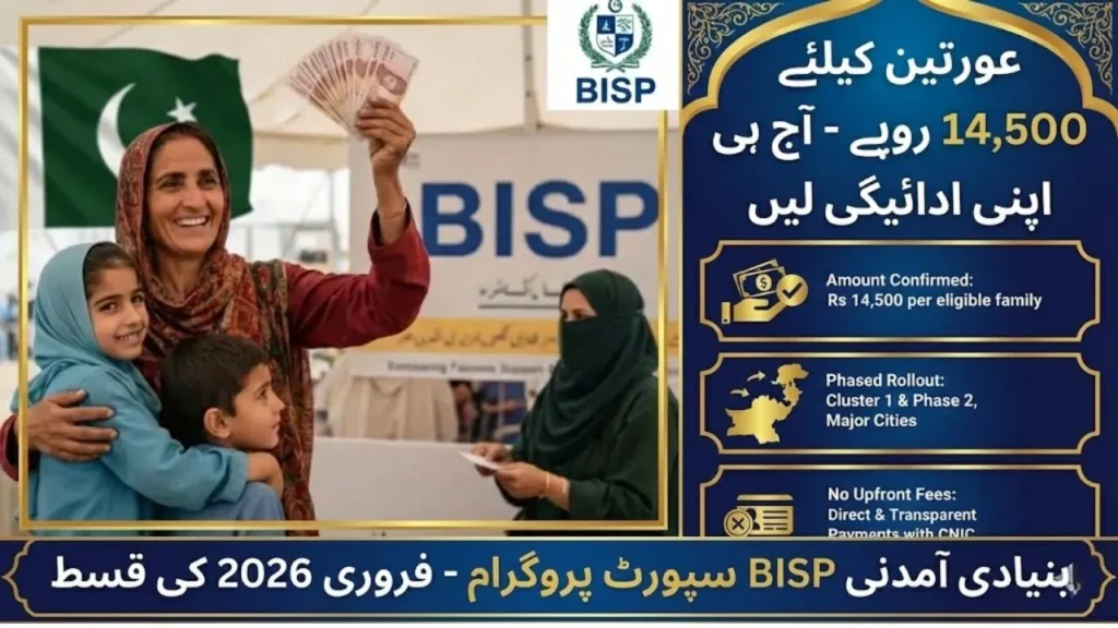 BISP February 2026 installment distribution in Pakistan, showing women collecting Rs 14,500 under the Benazir Income Support Programme