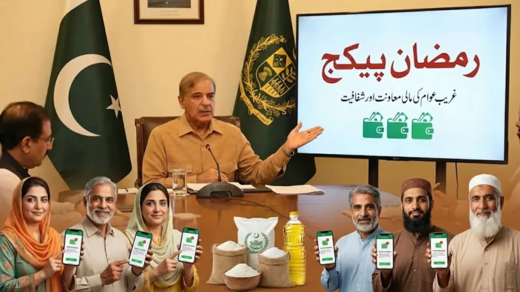 Prime Minister Shahbaz Sharif addressing a government meeting about the Ramadan package for financial support to poor and middle-class citizens